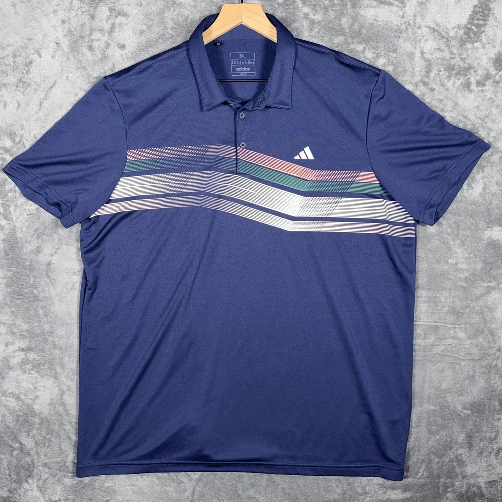 Adidas Mens Golf Polo‎ Shirt 2XL Navy Blue Striped Short Sleeve Athletic